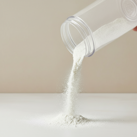 White clay being poured from a clear plastic container onto a light surface.
