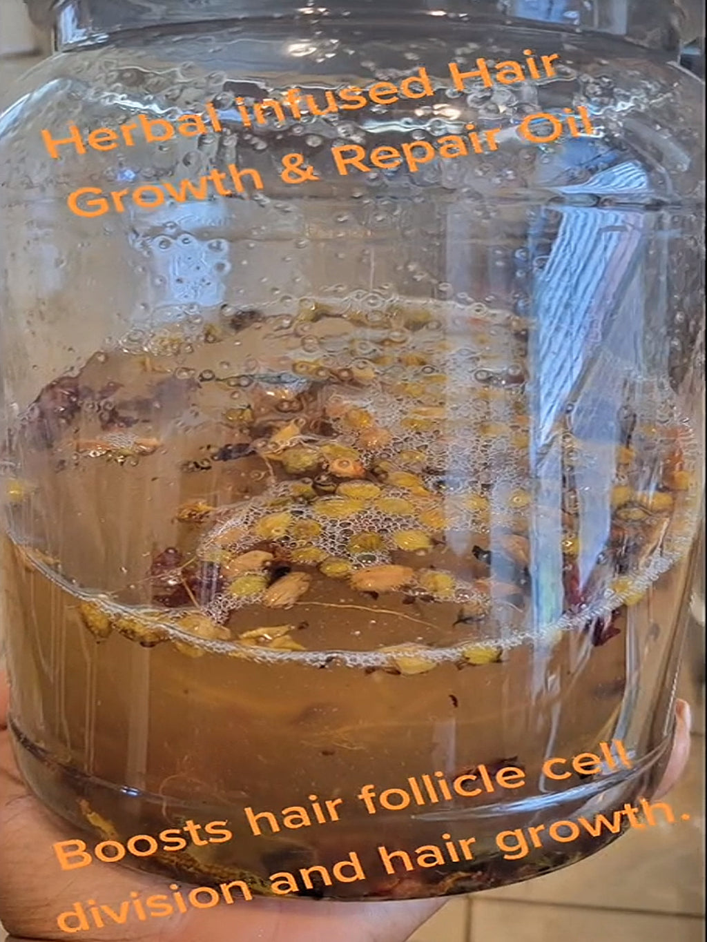 Glass jar of herbal infused hair growth and repair oil with text on a blurred background